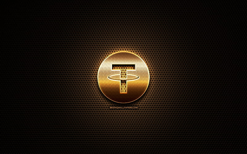 Tether glitter logo, cryptocurrency, grid metal background, Tether, creative, cryptocurrency signs, Tether logo, HD wallpaper