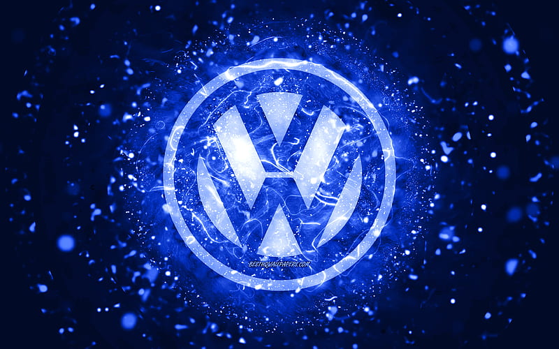 Volkswagen dark blue logo, , dark blue neon lights, creative, dark blue abstract background, Volkswagen logo, cars brands, Volkswagen, HD wallpaper