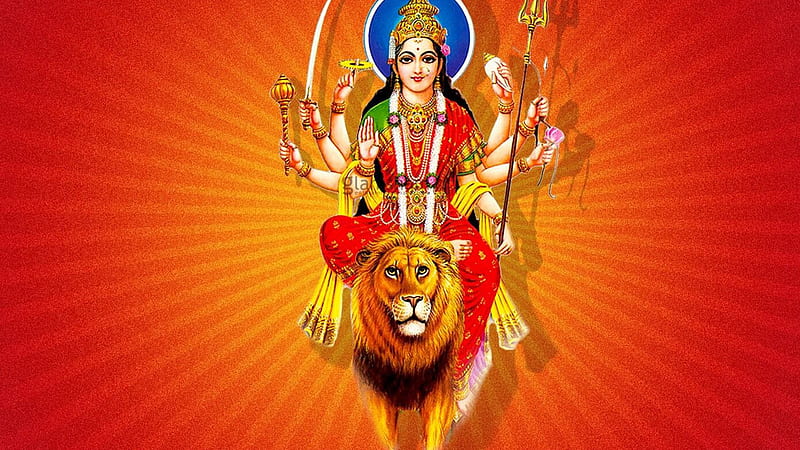 Lord Durga On Lion In Red Yellow Light Shades Background Durga, HD wallpaper
