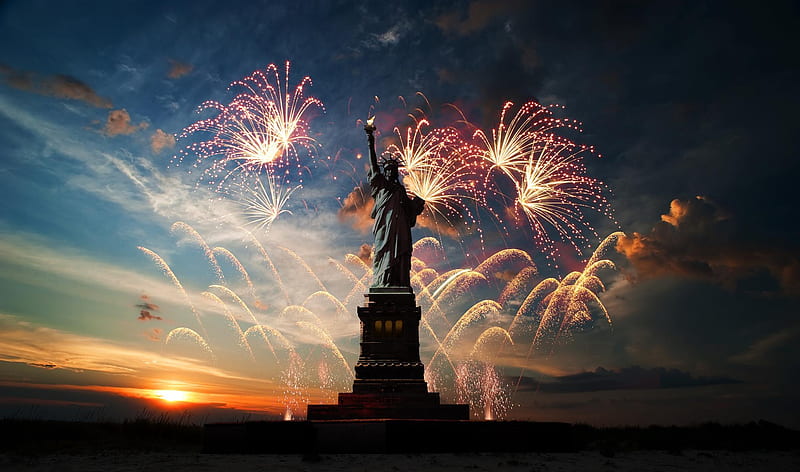 fireworks in new york, statue of liberty, new york, 4th of july, usa, fireworks, nature, america, HD wallpaper