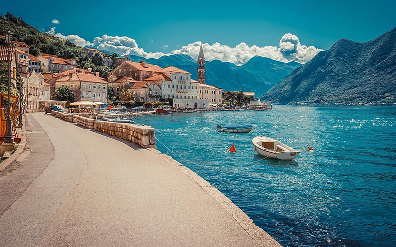 Perast, Church of St Nicholas, summer, beautiful city, coast, travel, Adriatic sea, Montenegro, HD wallpaper