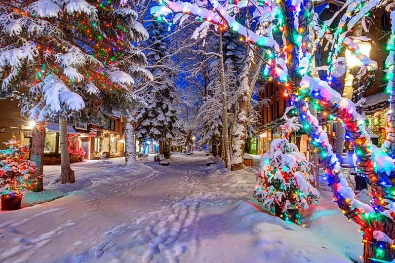 Christmas Lights in Aspen, Colorado, snow, houses, light chains, trees, street, stores, HD wallpaper