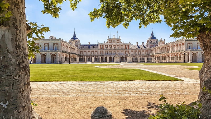 royal palace of aranjuez in madrid, lawn, courtyard, trees, palace, HD wallpaper