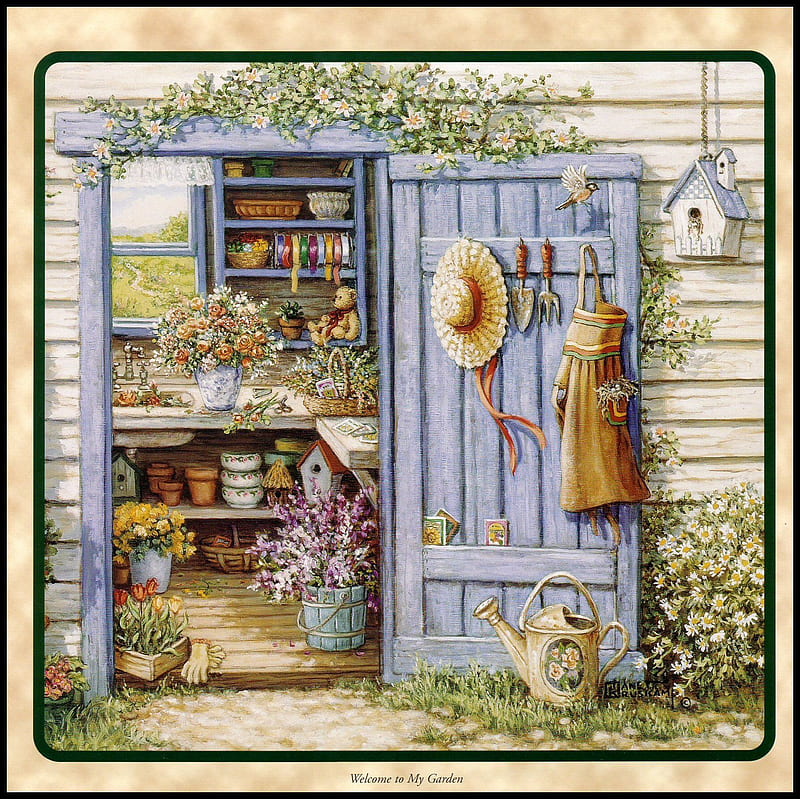 Momma's Garden Shed, birds, ribbons, birdhouses, door, hat, pots, watercan, flowers, shelves, gardens, open, tools, apron, blue, HD wallpaper