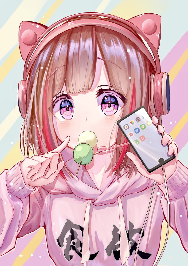 Girl, headphones, phone, candy, pink, anime, HD phone wallpaper | Peakpx