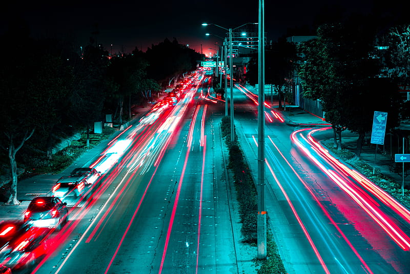 night city, road, long exposure, night, traffic, HD wallpaper