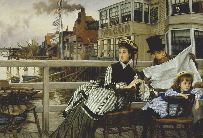 Family, people, painting, man, woman, james tissot, art, mother, father, water, child, HD wallpaper