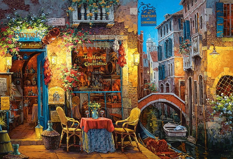 Our Special Place in Venice, table, restaurant, bridge, canal, houses, painting, chairs, artwork, HD wallpaper