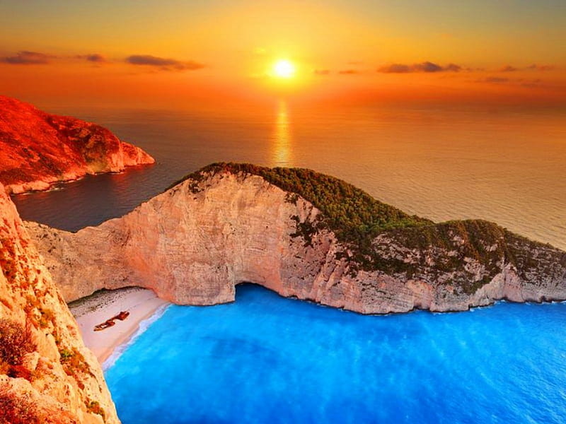 Navagio beach, Greece, rocks, glow, shore, sun, bonito, sunset, sea, beach, nice, Greece, sunrise, reflection, navagio, exotic, lovely, view, rays, nature, HD wallpaper