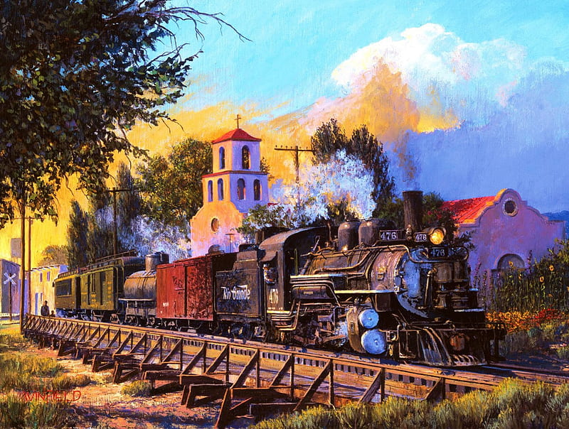 Chili Line, railroad, tree, locomotive, train, village, steam, artwork, HD wallpaper