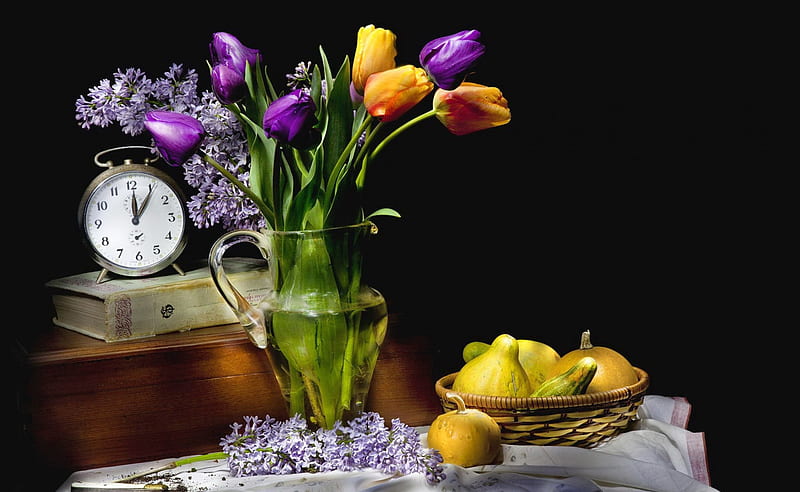 Still life, lilac, pretty, colorful, fruits, mix, book, vase, bonito, fragrance, leaves, nice, elegance, flowers, tulips, harmony, lovely, time, scent, clock, delicate, water, pears, bouquet, basket, petals, HD wallpaper
