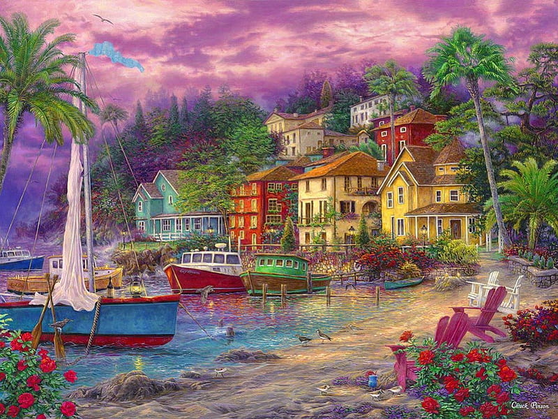 On golden shores, ships, colorful, shore, bonito, sunset, beach, nice, boat, dock, painting, village, flowers, art, rest, exotic, lovely, houses, port, pier, golden, town, sky, palms, lake, HD wallpaper