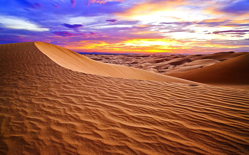 A desert underneath a colorful evening sky, evening, clouds, sky, sahara, colorful, desert, orange, sand, gold, purple, blue, HD wallpaper
