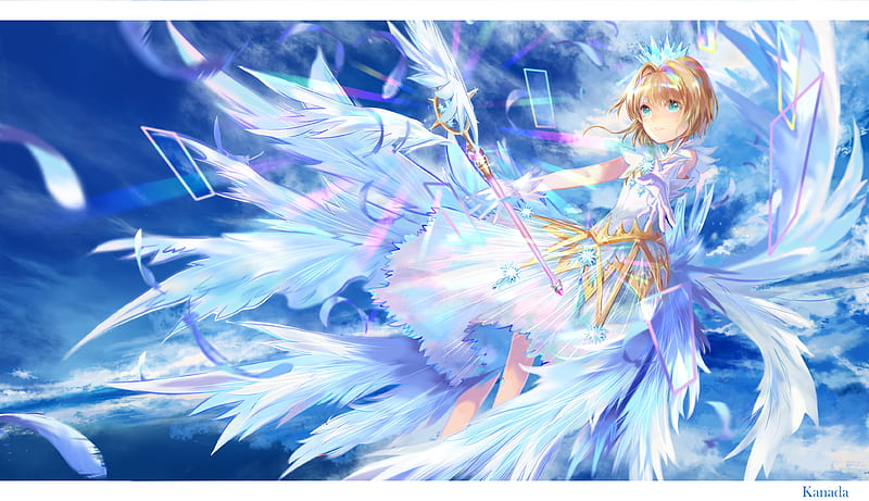 Kinomoto Sakura, winga, angel, manga, tagme, fantasy, card captor sakura, girl, anime, blue, HD wallpaper