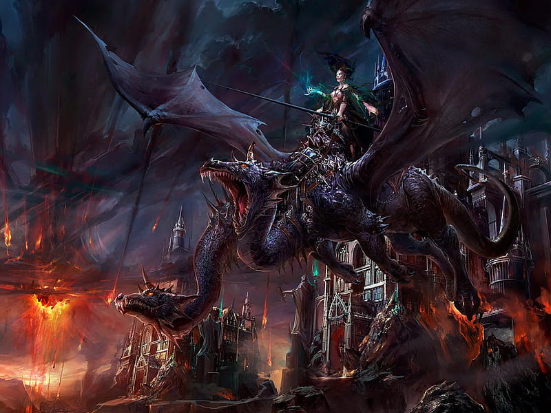 Two Headed Dragon, dark, fire storm, slayer, mythic, dragon, HD wallpaper