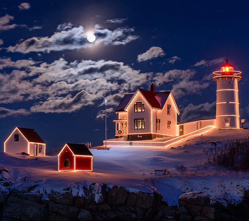 lighted houses, decoration, homes, light house, lights, moon, sky, snow, HD wallpaper