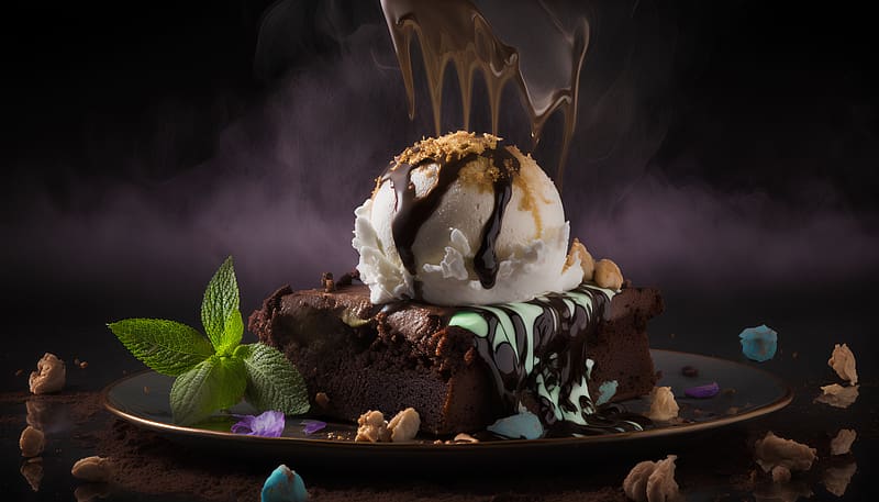 Chocolate cake and ice cream, Chocolate, Cake, Ice cream, Mint, Plate, HD wallpaper