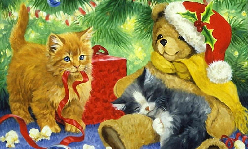 bears-cat-linda-dog-aert-kitten-art-tree-christmas-brown-bear-white-background, Deutschland, Geschenk, Teddy, Katze, HD wallpaper