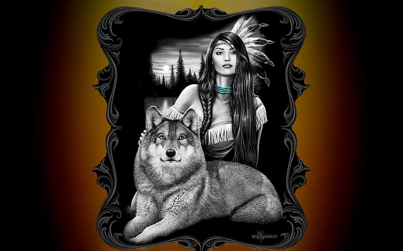 Native Woman and Wolf, digital, Black and white, Wolf, Native Woman, HD wallpaper