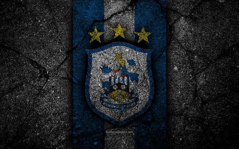 Huddersfield FC logo, Premier League, grunge, England, asphalt texture, Huddersfield, black stone, soccer, football, FC Huddersfield, HD wallpaper