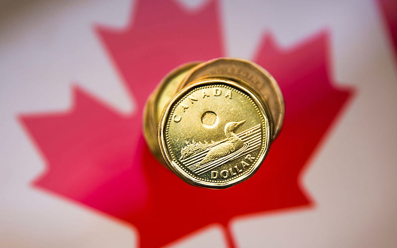 Canadian dollar, gold coin, canadian money, Canadian flag, finance concepts, coin, Canada, Flag of Canada, HD wallpaper