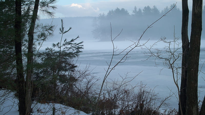 Goose Pond Winter Fog, goose pond, hiking, keene, dusk, new hampshire, HD wallpaper