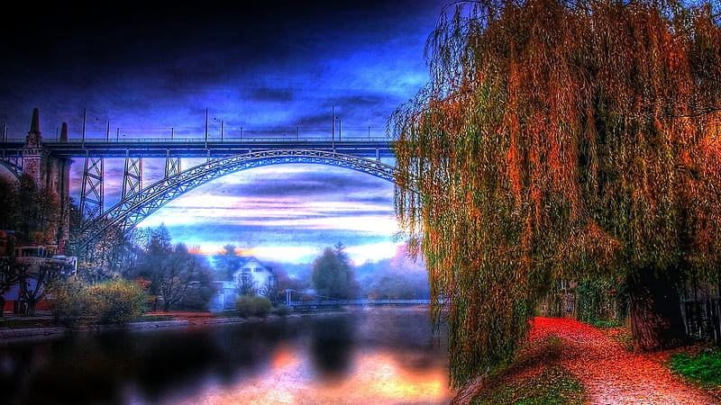 Willowriffic, colorful, autumn, cloudy, canal, weeping willow, bonito, overcast, bridge, nature, river, HD wallpaper