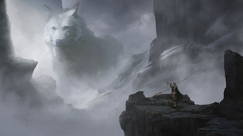 Wolf spirit, spirit, fantasy, art, wolf, lup, giant, mountain, HD wallpaper