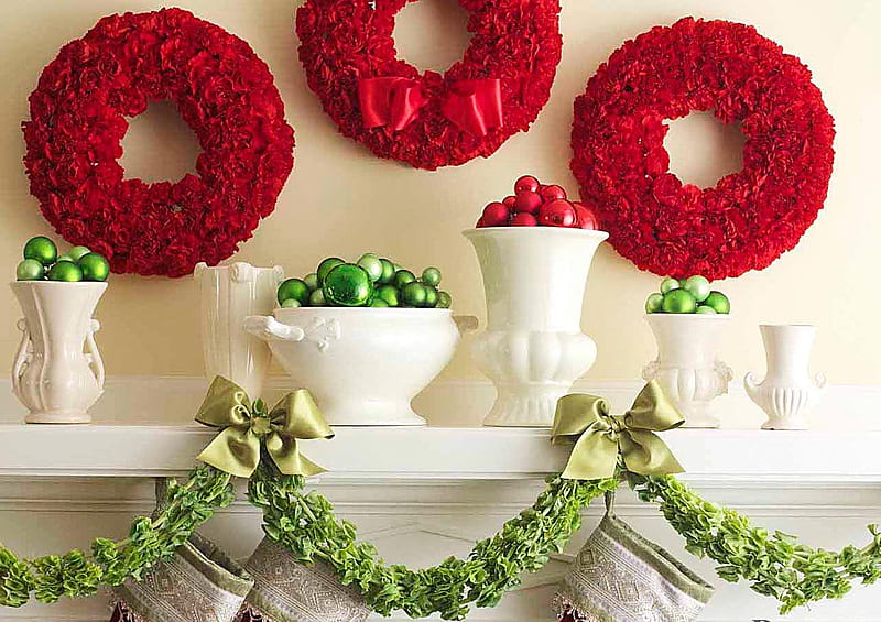 Holiday decoration, red, wreaths, balls, decoration e, green, vases, white, bowl, HD wallpaper