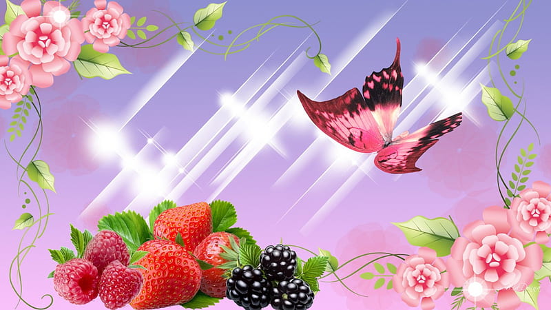 Summer Joy, raspberries, flowers, glow, health, fragrant, shine, lavender, aroma, sweet, sparkle, fruit, leaves, butterfly, papillon, flowers, vines, strawberries, pink, food, glitter, purple, tasty, summer, blackberries, HD wallpaper