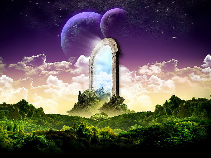The Portal into Sky, fantasy, portal, sky portal, two moons, HD wallpaper