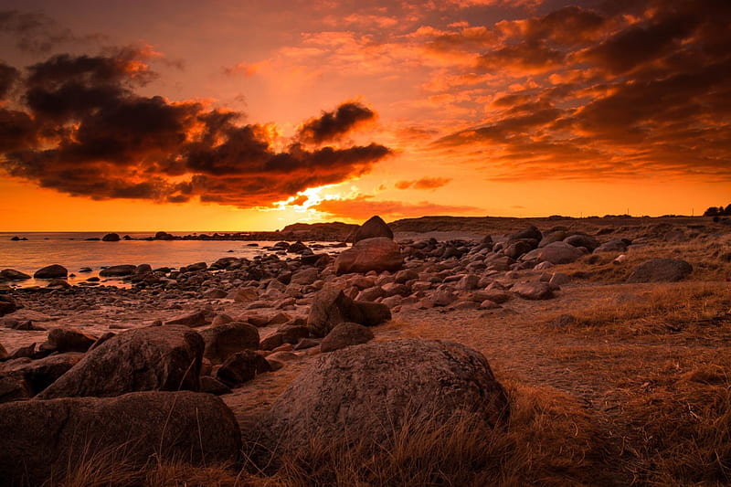 Splendor, beach, rocks, fire, nature, sunset, sea, HD wallpaper
