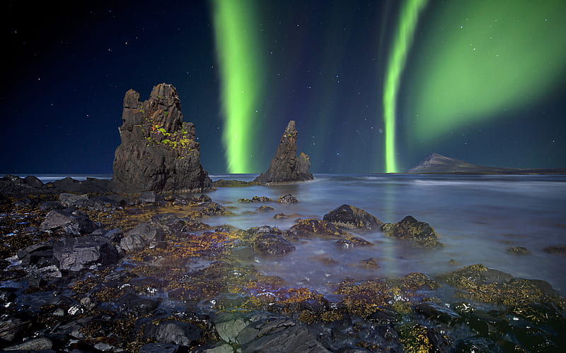 Shore Reef Aurora Night Trellis Vik Iceland, HD wallpaper