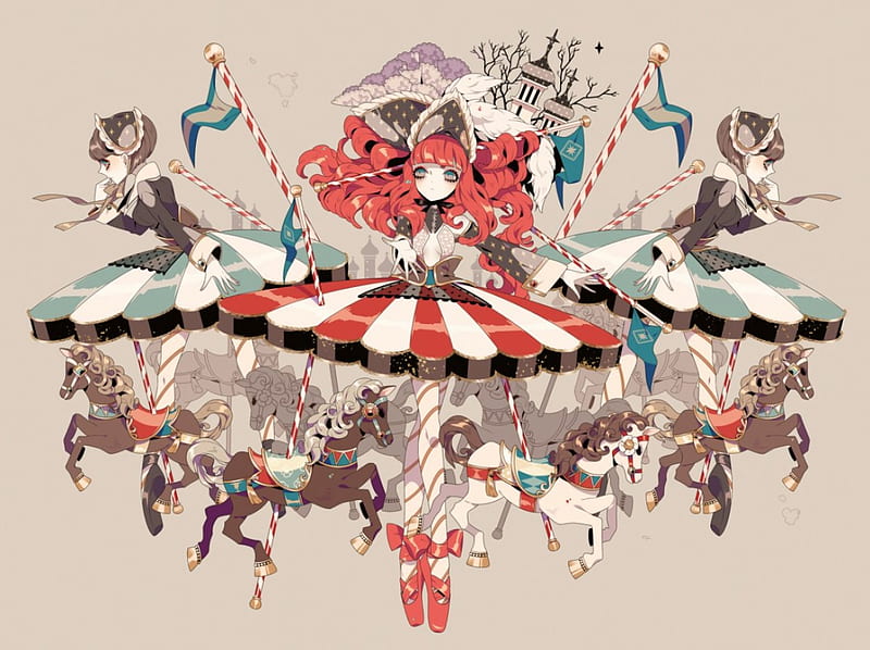 Merry-Go-Round Ballerinas, colorful, poles, red slippers, red hair, bonnets, dresses, horses, merry go rounds, black slippers, carousel, anime, ballerinas, HD wallpaper