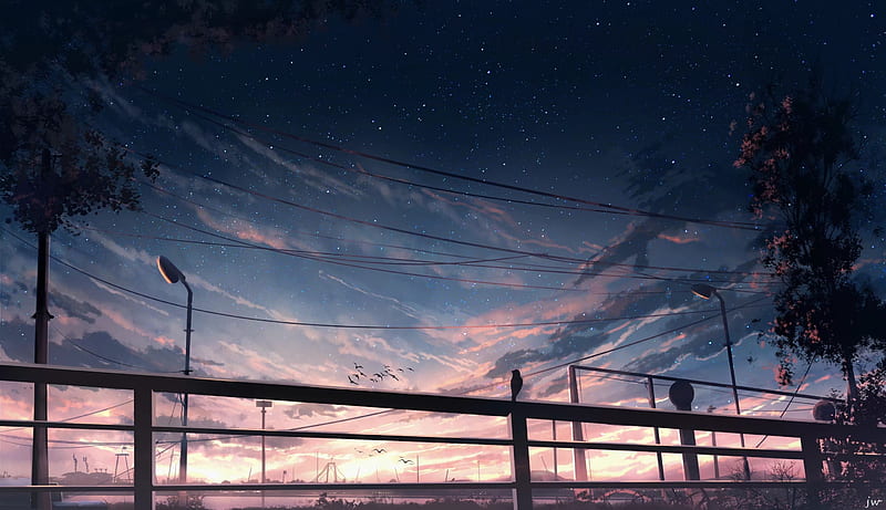 Anime Sunset & Starry Sky, Stars, Lamp Post, Scenery, Anime Scenery, Sky, Anime, Powelines, Mountain, Starry Sky, Sunset, Birds, Trees, Clouds, River, Bird, HD wallpaper