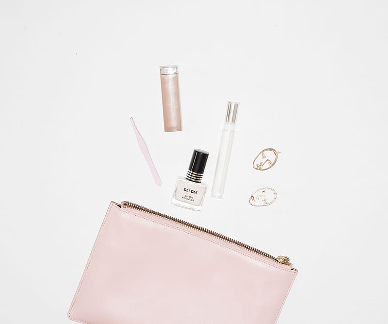 white nail polish bottle and pink leather zip pouch, HD wallpaper