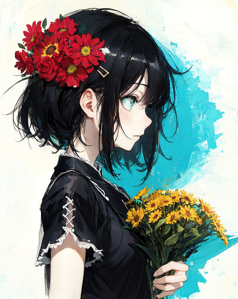 Premium Photo | Anime girl holding a bouquet of roses