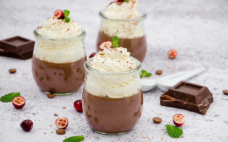 chocolate dessert with cream, glass jars, chocolate, cream, chocolate desserts, HD wallpaper