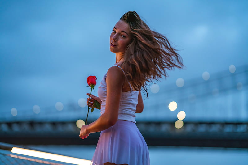 Girl Holding Rose Looking Back , girls, model, rose, HD wallpaper