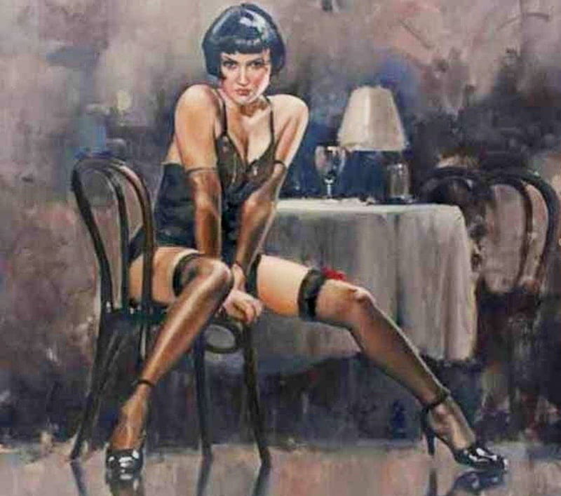 Raymond Leech -silky stockings, stockings, painted, sexy, silky, women, HD wallpaper