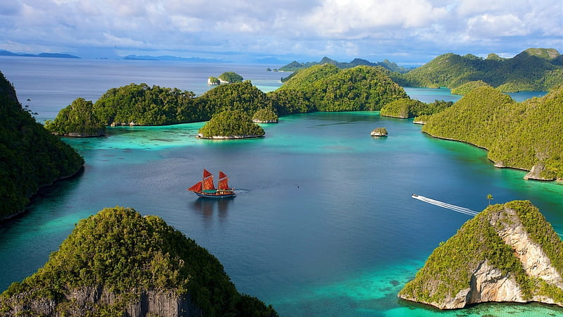 sailboat among indonesian islands, islands, vegetation, sailbot, sky, sea, HD wallpaper