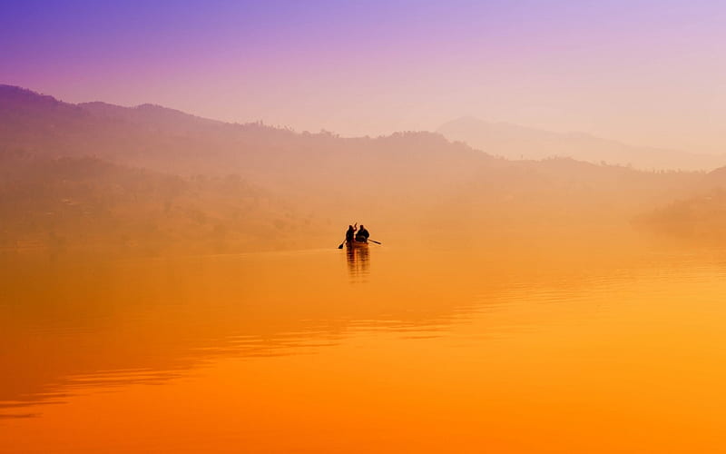 fishermen on a foggy lake, fishermen, boat, lake, fog, HD wallpaper
