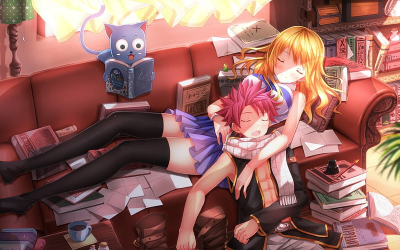 Happy Time Story, sleep, blond, redhead, guy, natsu, book, anime, love, handsome, anime girl, room, long hair, couple, female, male, living room, blonde, blonde hair, red hair, sleeping, blond hair, happy, short hair, boy, fairy tail, girl, lucy, lover, HD wallpaper