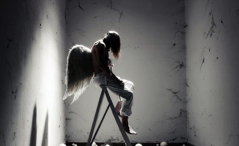 SAD ANGEL, graphy, bw, angel, sad, shadow, HD wallpaper