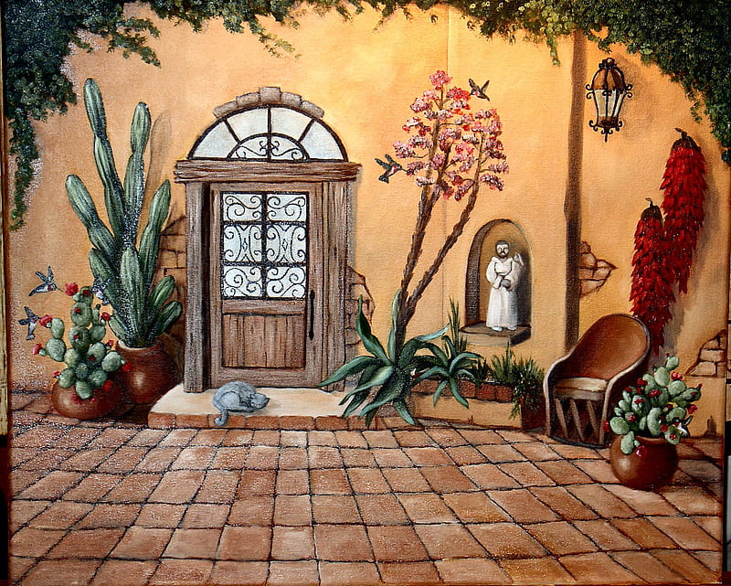 Casa Bonita, brick, plants, trees, court yard, cacti, door, HD wallpaper