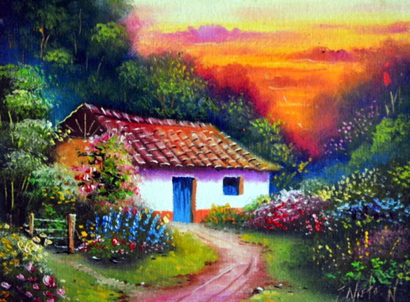 Country Cottage at Sunset, house, colors, trees, sky, artwork, painting, flowers, path, garden, HD wallpaper