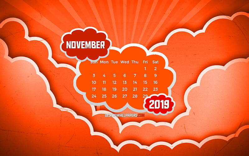 November 2019 Calendar orange clouds, autumn, 2019 calendar, November 2019, creative, abstract clouds, November 2019 calendar with clouds, Calendar November 2019, orange background, 2019 calendars, HD wallpaper