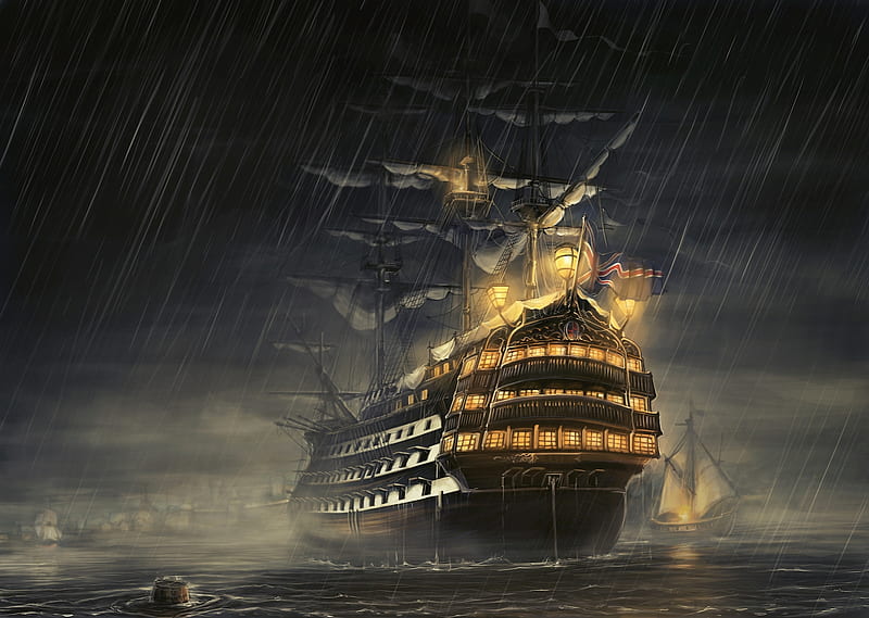 Waiting Out The Storm, galleon, water, boat, ship, rain, sail, flag, HD wallpaper