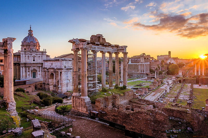 Forum Romanum, pillars, vatican, sunset, rome, sky, church, italy, HD wallpaper