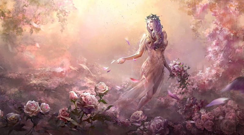 Rose Fairy, pretty, art, female, bonito, roses, woman, fantasy, girl, figure, digital, flowers, pink, HD wallpaper